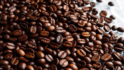 Naklejka premium A close-up of rich, roasted coffee beans, showcasing their glossy texture and deep brown color, perfect for coffee-related projects or gourmet food themes