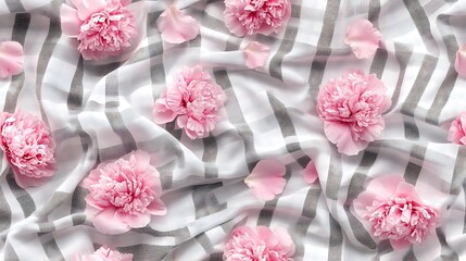 Naklejka premium A seamless gingham fabric design featuring pastel pink peonies scattered delicately across a light gray gingham, hd quality, soft texture, textile design, vintage elegance, fabric texture,