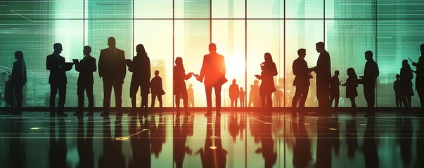 Silhouettes of diverse corporate professionals holding tablets and phones, connected with network lines, sleek office background, high contrast, futuristic business theme