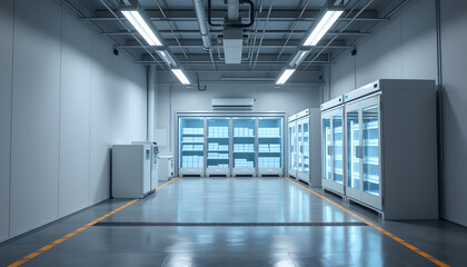Fototapeta premium Industrial refrigerated warehouse. Room with freezing equipment. Storage with sub-zero temperatures. Refrigerated warehouse for freezing products. Industrial freezer with virtual buttons. 3d image i