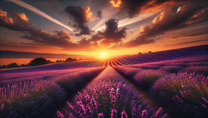 Vast field, purple flowers, sunset glow.

