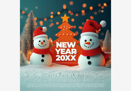 Holiday Templates: Two Snowmen & Christmas Tree with New Year Sign Amidst Snowflakes & Lights Generative AI