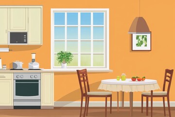 Illustration of kitchen interior with orange walls and dining table near window. Cozy home kitchen design concept.