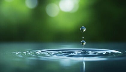 A single droplet creates ripples on a tranquil water surface, surrounded by a soft green background, evoking a sense of calm and serenity.