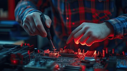 A technician repairs a motherboard. This photo can be used to illustrate articles about technology repair and computer maintenance.