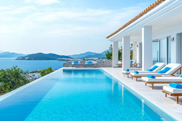 Fototapeta premium Terrace in villa with swimming pool clear blue water with stunning sea view and sky