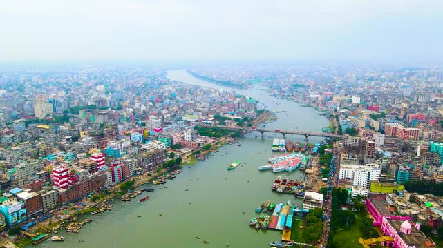 Aerial view of Dhaka city, Bangladesh with Ahsan Manzil beside river Buriganga