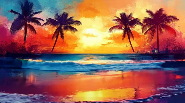 A digital painting of a sunset over a tropical beach with palm trees.