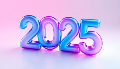 3D number 2025 with fluid glass effect, vibrant gradient colors of blue, purple, and pink, on pastel pink background, Happy New Year 2025 banner