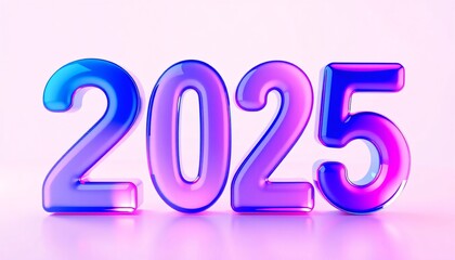 3D number 2025 with fluid glass effect, vibrant gradient colors of blue, purple, and pink, on pastel pink background, Happy New Year 2025 banner