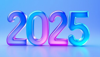3D number 2025 with fluid glass effect, vibrant gradient colors of blue, purple, and turquoise, on pastel blue background, Happy New Year 2025 banner