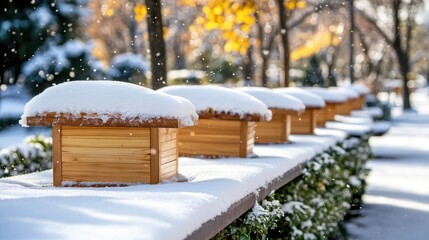 Snow-covered beehives line the edge of a winter forest, glowing in morning light under a clear blue sky