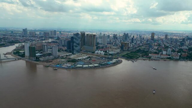 Mekong river Koh Pich Island in Phnom Penh, Cambodia city building skyline, aerial
