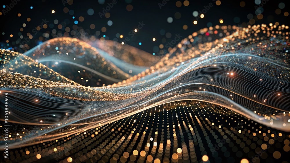 Poster abstract wave of particles and lines in motion - cyber technology visualization in 3d rendering