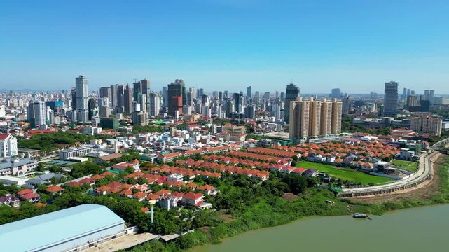 Phnom Penh Cambodia capital city Southeast Asia developing city, drone aerial skyline