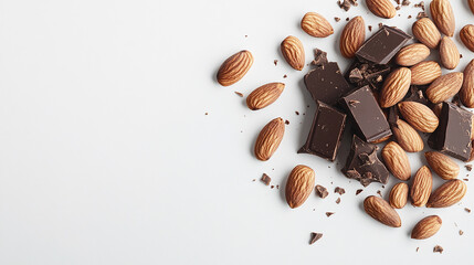 Dark chocolate and almonds snacks isolated on white background