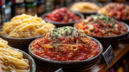 A display of various pasta dishes with rich sauces and toppings.