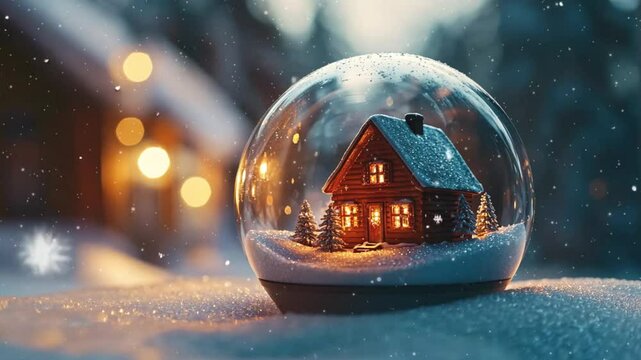 Glowing Crystal Ball on Snowfall Background. Happy New Year. Merry Christmas animated greeting card. Winter holiday background. Merry Christmas 4k background.