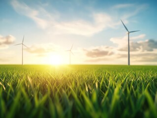 A serene landscape featuring tall grass and wind turbines under a bright sky at sunset, symbolizing renewable energy and nature's harmony.