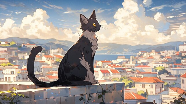 black cat on the roof, colorful anime style