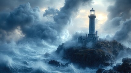 A lighthouse stands on a rocky shore amidst turbulent waves and clouds.