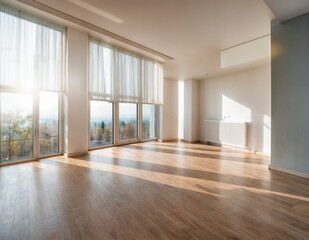 Obraz premium Helle, moderne Wohnung mit Panoramafenstern und Waldblick