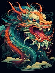 A Fiery Red and Blue Dragon Emerging From Water