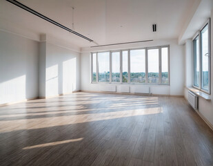 Fototapeta premium Helle, moderne Wohnung mit Panoramafenstern und Blick in die natur