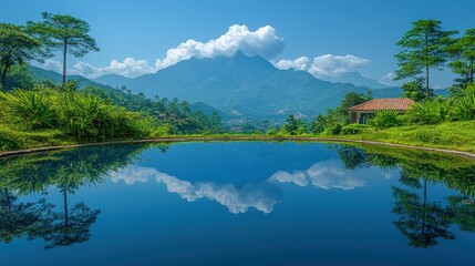 Mountain Peak Reflection in Tranquil Pool with Lush Greenery