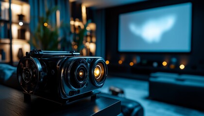 Vintage Film Projector in Modern Home Theater with Blurred Screen