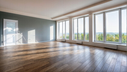 Fototapeta premium Helle, moderne Wohnung mit Panoramafenstern und Naturblick