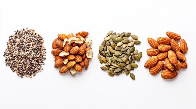 Mixed nuts and seeds healthy food isolated on white background