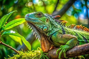 Obraz premium Aerial View of a Green Iguana on a Branch in Lush Tropical Forest - Nature Photography