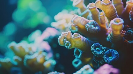 High-definition close-up of colorful coral reefs, highlighting the detailed beauty and diversity of underwater marine life