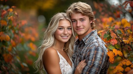 Fototapeta premium Portrait of attractive Scandinavian blond couple enjoying autumn in park
