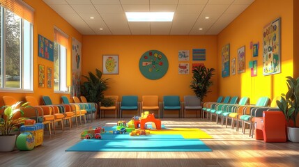 Bright waiting room with toys and colorful decor for children.