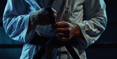 Fototapeta premium A panoramic close-up of a caucasian mans hand gripping a Brazilian jiu-jitsu black belt, wrapped around his waist, wearing a white kimono gi, isolated against a dark background, photorealistic detail