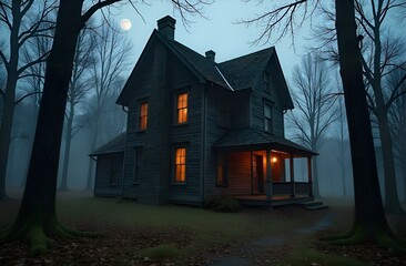 A creepy old mansion in the forest, the light is on in the windows, there is fog and trees around the house, the moon is in the sky.