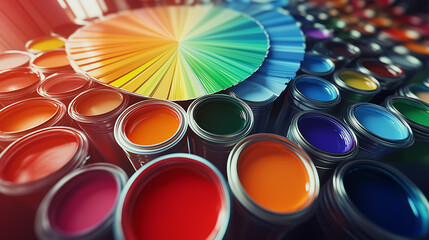 Colorful Paint Cans And Swatches Close Up Vibrant Paint Colors Display