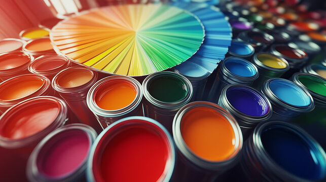 Colorful Paint Cans And Swatches Close Up Vibrant Paint Colors Display