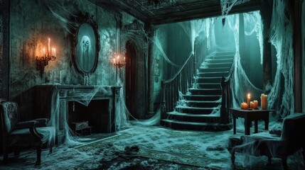 A spooky and abandoned mansion interior with cobwebs, candles, and a ghostly figure in the mirror.