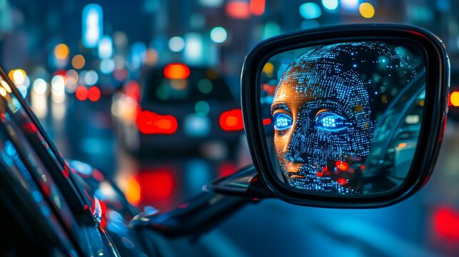 A robot face reflected in a car's rearview mirror, symbolizing autonomous driving and the future of robotaxi services