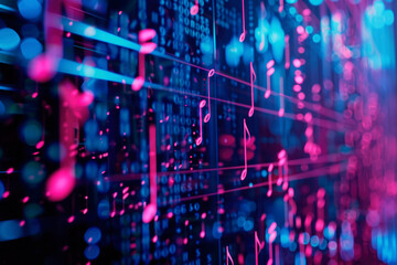 Fototapeta premium screen with projection and melody icons, blue and pink bokeh, beatboxer, abstraction for music, playlist screensaver, copy space