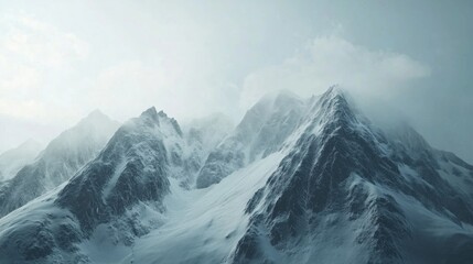 Obraz premium Snowy mountains under cloudy sky, majestic peaks, serene atmosphere