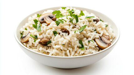 Rice with beans and mushrooms healthy food isolated on white background