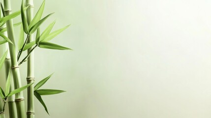 Fototapeta premium Bamboo stalks with lush green leaves against a soft, light green background, AI