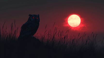 Fototapeta premium Owl silhouette against red sun, dark grass, eerie atmosphere