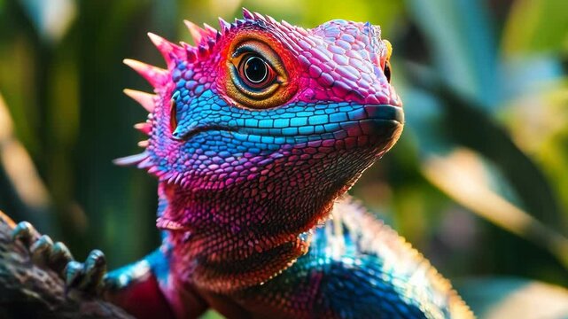 A vibrant, blue and pink lizard with a spiky crest sits perched on a tree branch.