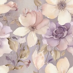 Seamless floral pattern featuring delicate watercolor flowers in light pink and beige tones.