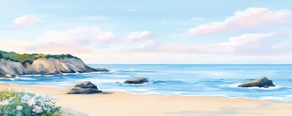 Scenic coastal landscape with cliffs, sandy beach, and tranquil ocean waves.